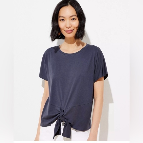 2 for$15 Loft Navy Blue Short Sleeve Top with Tie Front - Picture 2 of 9